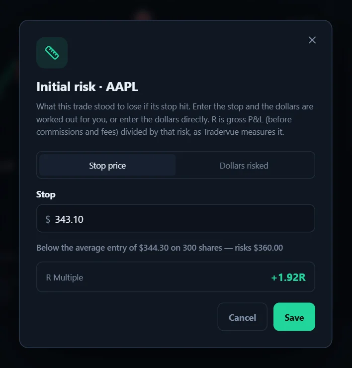 SpiceLog’s Set risk dialog: a stop of $343.10 on a 300-share AAPL long risks $360, and the trade shows +1.92R